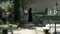 Creepy woman walking in a cemetery alley to beloved grave and placing a crown on grave