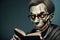 A creepy zombies with glasses reading a book in a dark room. Portrait of a zombie man. Generative AI.