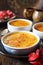 Creme brulee, french traditional dessert, three portions