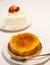 Creme Brulee Roll Cake and strawberry cake blur background. Food and beverage dessert cafÃ© business