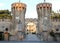 Crenellated towers at the entrance of the Villa Giustinian in Roncade in the province of Treviso in the Veneto (Italy)