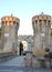 Crenellated towers with a statue at the entrance of the Villa Giustinian in Roncade in the province of Treviso in the Veneto (Ital