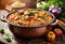 Creole jambalaya with rice, chicken meat, sausages and vegetables on wooden background