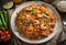 Creole jambalaya with rice, chicken meat, sausages and vegetables on wooden background