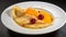 Crepe suzette, tasty pancakes with orange sauce on white plate, AI generative