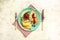 Crepes with fresh berries on rustic wooden background with space for text, top view. Pancake. sweet breakfast. food recipe