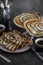 Crepes. Pancakes with chocolate stripes. Rolled striped pancakes. Maslenitsa.