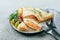 Crepes with stuffed cream cheese and salmon. Lunch meal food concept. Closeup