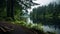 Crescent Lake With Deciduous Trees And Firs In Rainy Weather