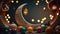 a crescent with a lantern and stars hanging from it\\\'s sides, surrounded by other ornaments and lights