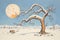 crescent moon above a snow-laden barren tree