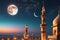 Crescent Moon Cradled Atop a Minaret During Ramadan: Illuminated Against a Twilight Sky, Worshippers in Silhouette