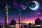 Crescent Moon Cradled Atop a Mosque\\\'s Minaret During Ramadan: Soft Glow of Lanterns Illuminating the Night