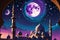 Crescent Moon Cradled Atop a Mosque\\\'s Minaret During Ramadan: Soft Glow of Lanterns Illuminating the Night