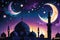 Crescent Moon Cradled Atop a Mosque\\\'s Minaret During Ramadan: Soft Glow of Lanterns Illuminating the Night