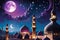 Crescent Moon Cradled Atop a Mosque\\\'s Minaret During Ramadan: Soft Glow of Lanterns Illuminating the Night