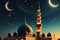 Crescent Moon Dangling Delicately Above a Mosque\\\'s Minaret During Ramadan: Twinkling Stars, Warm Glow