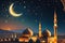 Crescent Moon Dangling Delicately Above a Mosque\\\'s Minaret During Ramadan: Twinkling Stars, Warm Glow