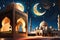 Crescent Moon Hanging Delicately Over a Mosque\\\'s Minaret: Silhouetted Against a Twilight Sky, Lantern Glow