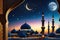 Crescent Moon Hanging Delicately Over a Mosque\\\'s Minaret: Silhouetted Against a Twilight Sky, Lantern Glow