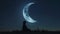 Crescent moon, hanging low in a clear night sky. Muslim person in thoughtful contemplation.