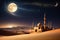 Crescent Moon Illuminating a Tranquil Desert Scene: Silhouette of a Mosque\\\'s Minaret Under a Starlit Sky