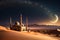 Crescent Moon Illuminating a Tranquil Desert Scene: Silhouette of a Mosque\\\'s Minaret Under a Starlit Sky