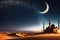 Crescent Moon Illuminating a Tranquil Desert Scene: Silhouette of a Mosque\\\'s Minaret Under a Starlit Sky