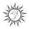 Crescent moon inside sun with a face, magical astrology and celestial alchemy, zodiac sign, tarot, device of the universe