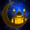 Crescent moon with mosque and stars