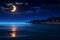 Crescent moon over the sea, stars, and a tranquil night