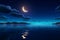 Crescent moon over the sea, stars, and a tranquil night