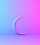 Crescent moon on pink blue gradient background studio lighting.