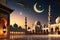 Crescent Moon Shimmering Above an Ancient Mosque\\\'s Silhouette: Its Minaret Casting a Long Shadow on Timeless Grounds