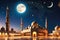 Crescent Moon Shimmering Above an Ancient Mosque\\\'s Silhouette: Its Minaret Casting a Long Shadow on Timeless Grounds