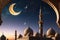 Crescent Moon Sighted from an Ornate Mosque\\\'s Minaret Against a Twilight Sky: Marking the Beginning of a Sacred Journey