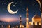 Crescent Moon Sighted from an Ornate Mosque\\\'s Minaret Against a Twilight Sky: Marking the Beginning of a Sacred Journey