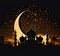 Crescent moon sky on dark over Islamic mosque silhouette