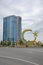 A crescent moon with a star is a Muslim symbol on the city square. Argun, Chechen republic