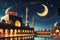 Crescent Moon Suspended Above an Ancient Mosque During Ramadan: Stars Twinkling in the Dusk Sky, Families Beginning the Evening