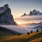 Cresta di Enghe mountain range at foggy summer morning. Dolomites mountains, Italy, Europe. made with Generative AI