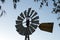 Crested pigeons perched on windmill framed by leaves