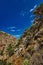 Cretan landscape, bushes, olive trees, rocky slopes, mountains. Clear blue sky with beautiful clouds. Akrotiri peninsula