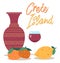 Crete food and utensils postcard. Traditional symbols of Greece isolated on a white background