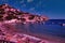 Crete island  Greece: Wide angle cityscape showing blue mediterranean beach near heraklion city with tourist during summer