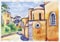 Crete landscape house watercolor technique