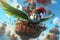 A crew of adventurous parakeets, soar through the skies in their vibrant pirate hot air balloons animal pirate illustration