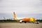 Crew worker prepare tools for Aircraft landing on runway at Airport