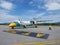 Crew worker working prepare plane and tools for Aircraft takeoff