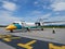 Crew worker working prepare plane and tools for Aircraft takeoff